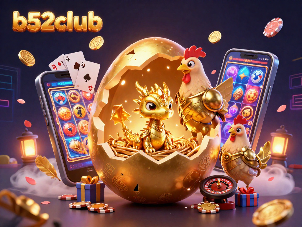 B52club showcases vibrant gaming action in a dazzling 3D illustration with golden dragon and casino elements.