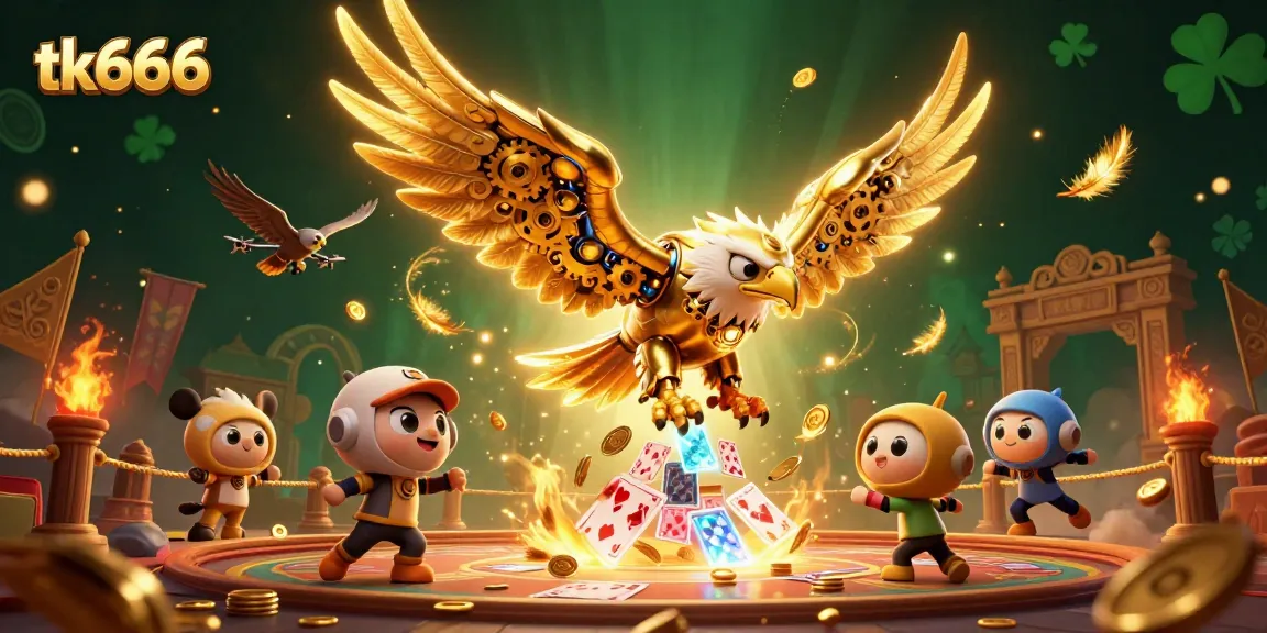 Betting on tk666 with a cybernetic golden eagle soaring through holographic playing cards, full of vibrant casino elements.