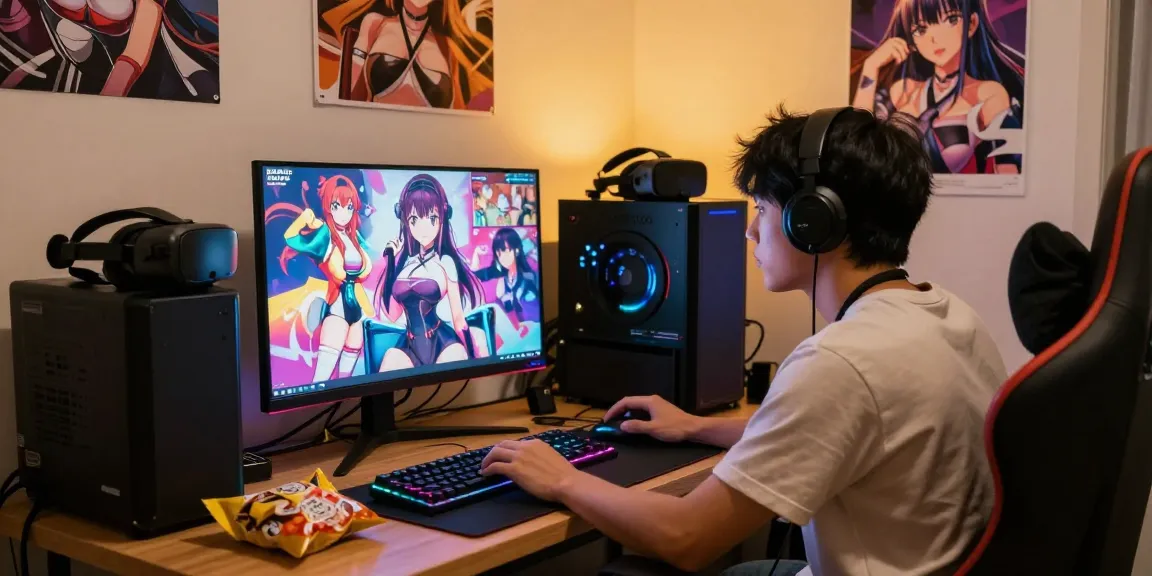 Gamer enjoying real ecchi games on a vibrant screen in a cozy setup.