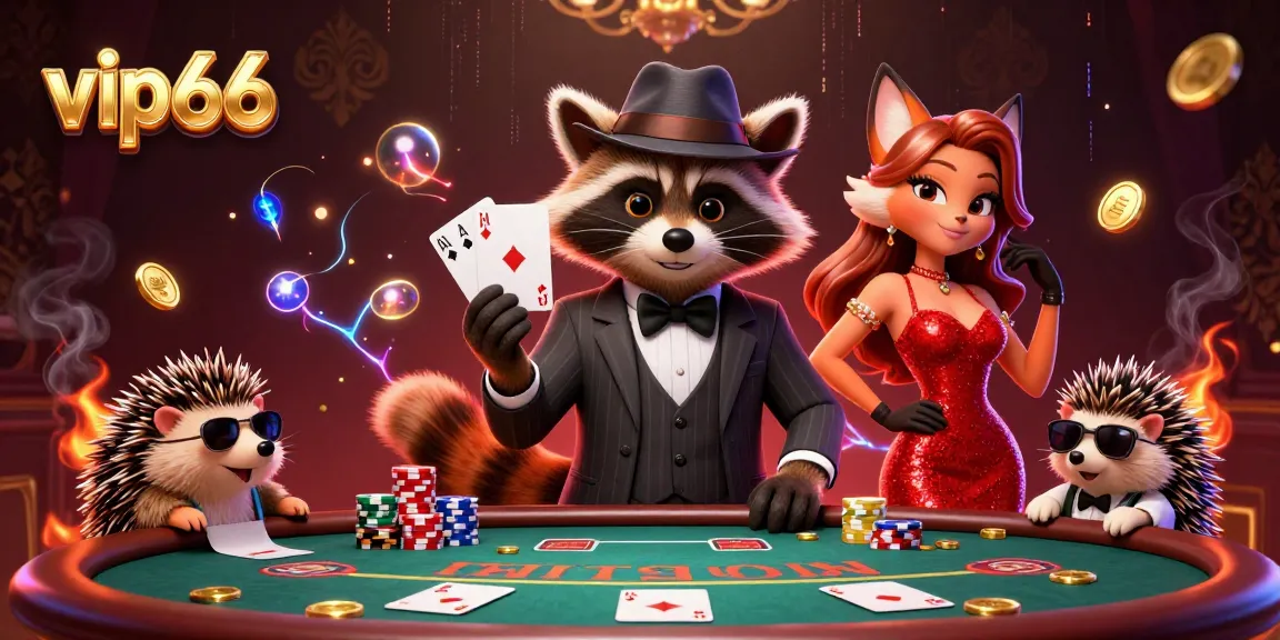 Experience the excitement of vip66 with a dynamic 3D illustration of a raccoon poker player and friends.