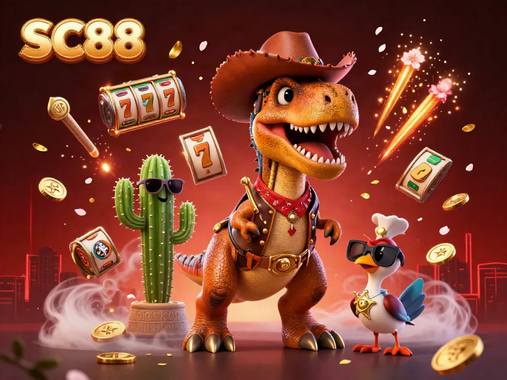Engage in thrilling gaming with SC88 featuring a T-Rex cowboy and dynamic casino elements.