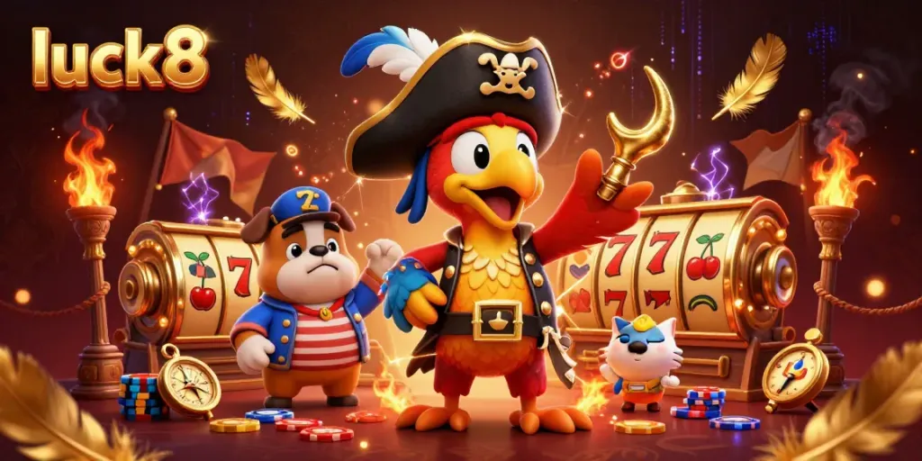 Experience luck8's vibrant casino scene with a pirate captain, bulldog, and ship's cat navigating games.