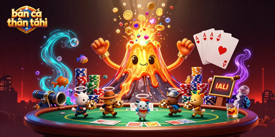 Bắn cá thần tài showcases a vibrant underwater scene with treasure, sea creatures, and poker elements.