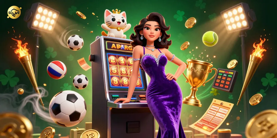 Socolive enhances viewing experience with dynamic elements featuring a woman with a fortune cat and sports symbols.