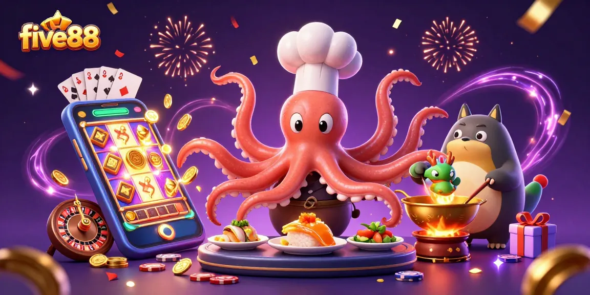 Enjoy five88's vibrant slot action with a colorful, dynamic illustration of sushi chef octopus and dragon.