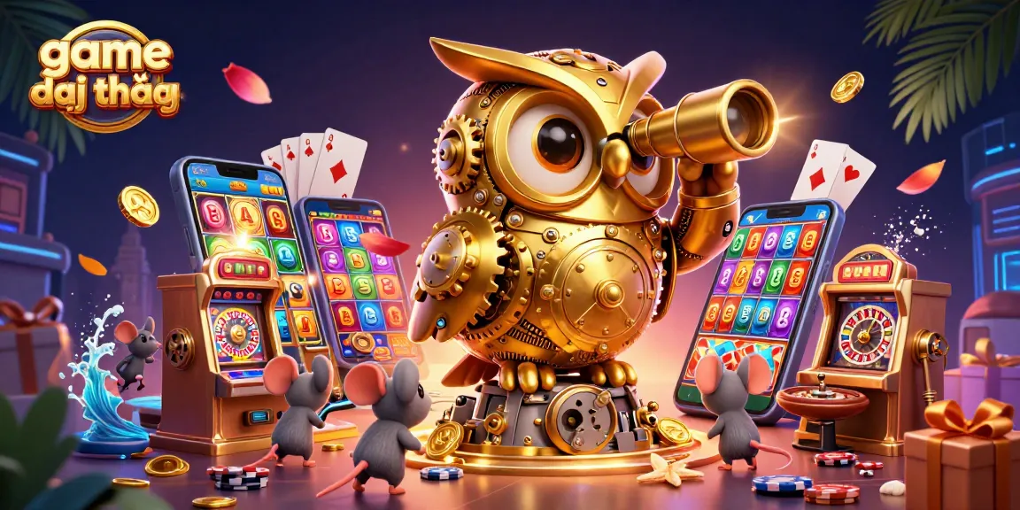 Engage in thrilling game đổi thưởng with a whimsical 3D owl and playful mice in a vibrant casino scene.