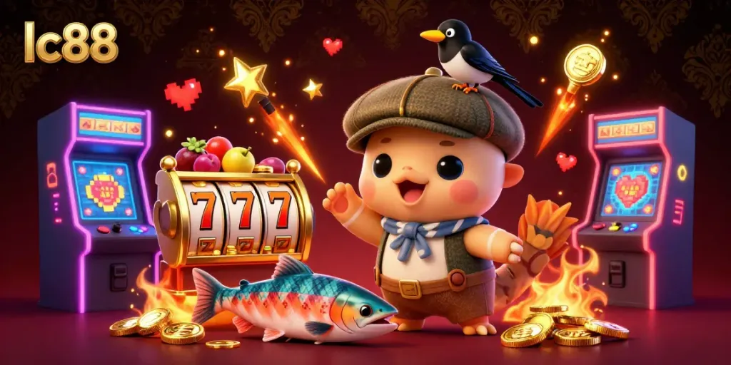 Join the excitement at lc88 with playful characters and vibrant casino elements in this dynamic scene!