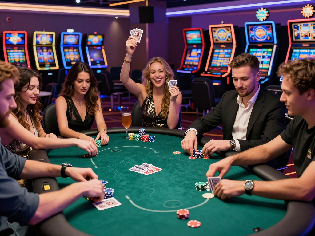 Group enjoying KOMBET168 gaming at a lively casino poker table