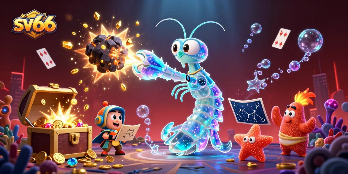 Engage in thrilling casino experiences with sv66, as 3D samurai shrimp battles gems and coins underwater.