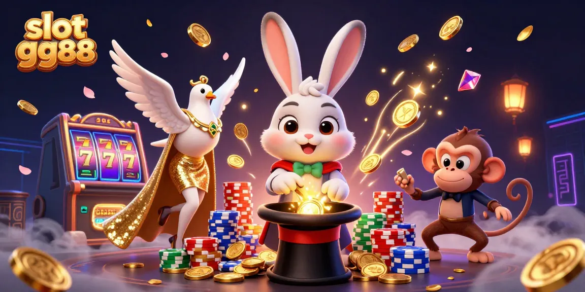 Experience big wins at slot gg88 with an exciting 3D casino-themed illustration showcasing lucky reels and vibrant characters.