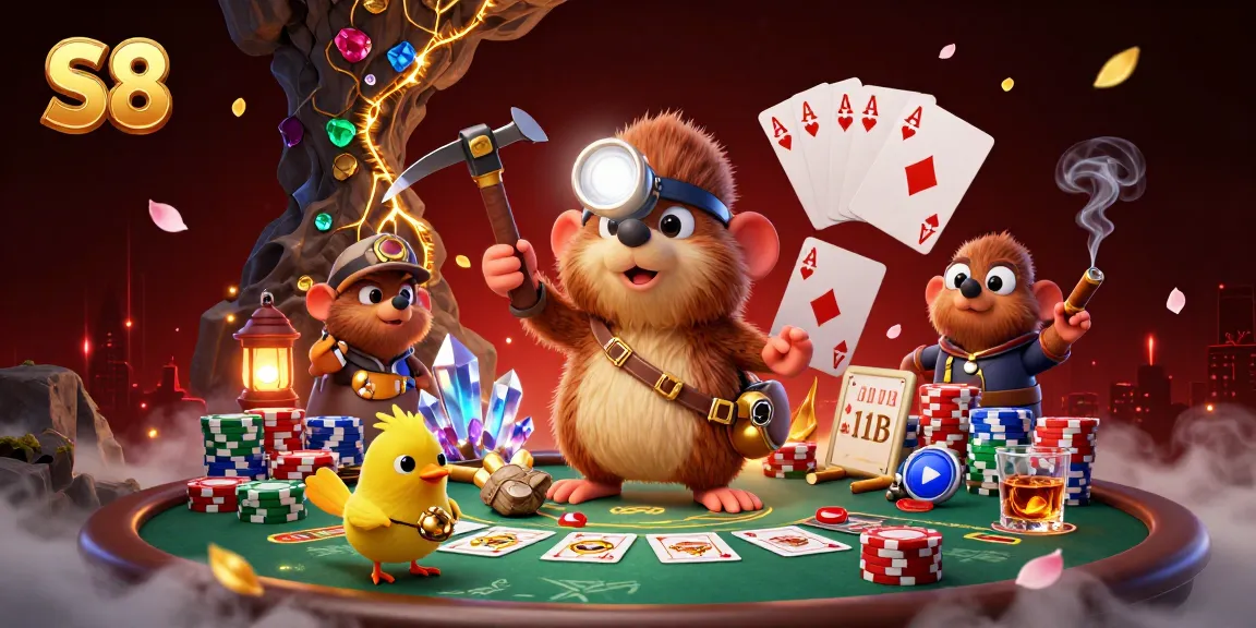 Experience thrilling poker action with S8, highlighted by treasure hunting characters amidst rich casino elements.