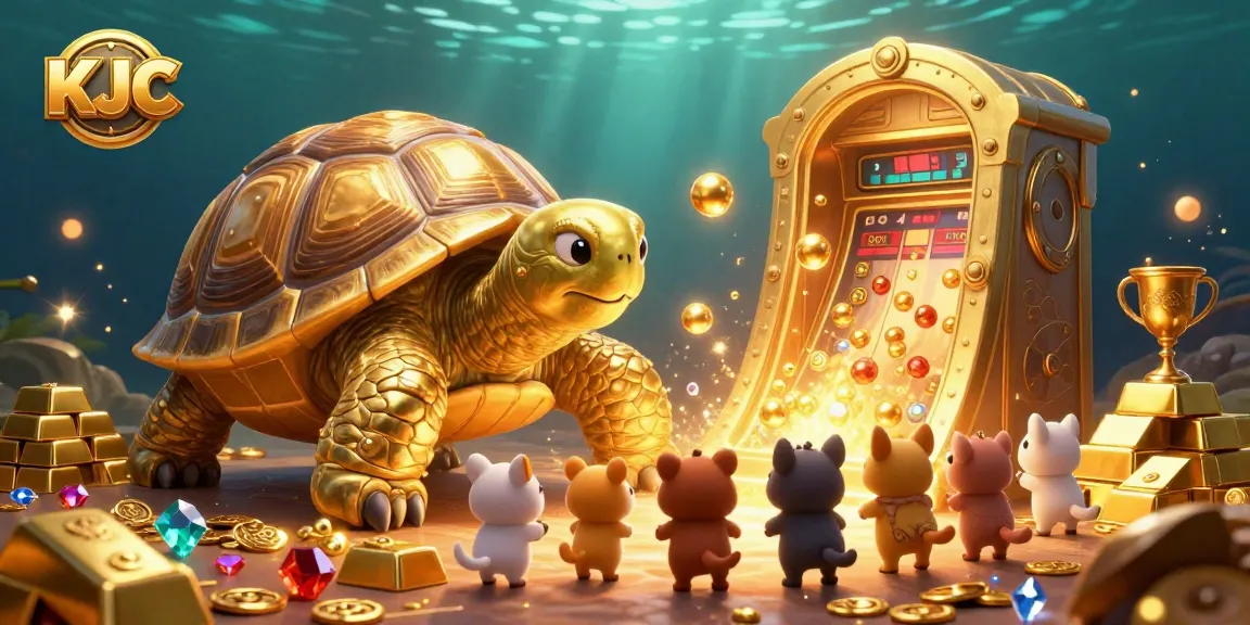 KJC showcases an engaging scene with a colossal golden tortoise pinball machine amidst treasures, capturing dynamic excitement.