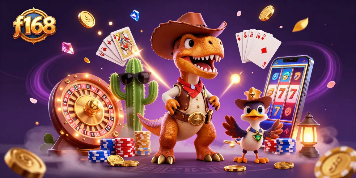 Experience thrilling moments at f168 with a cowboy dinosaur, coins, and winning cards!