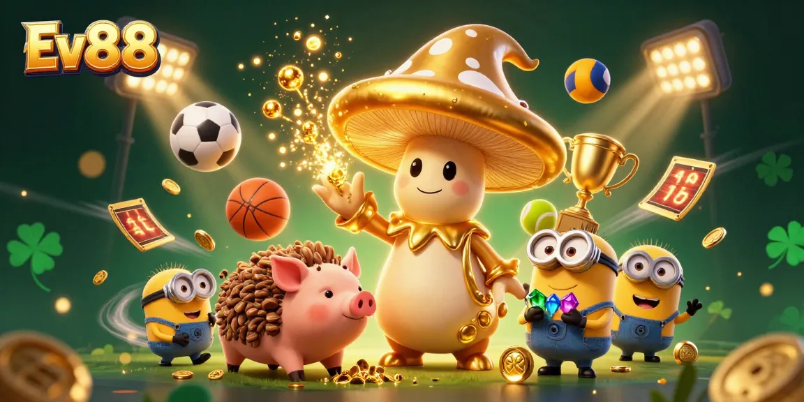 Experience the excitement of Ev88 casino with a golden mushroom wizard amidst flying sports elements and treasures.