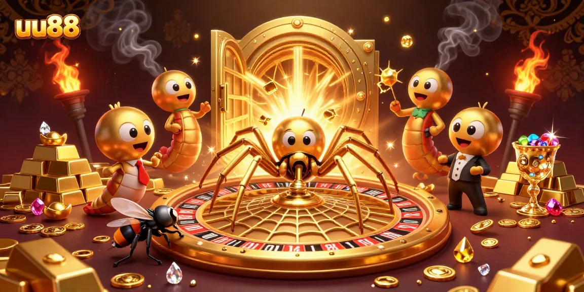 Experience thrilling action at uu88 with a vibrant, golden casino scene featuring a spider dealer and a betting fly.
