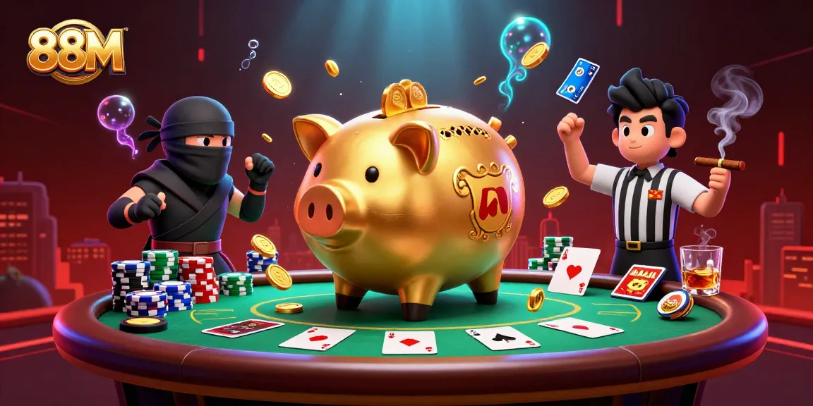 88M casino scene with a golden piggy bank wrestler and poker elements for engaging online gambling.