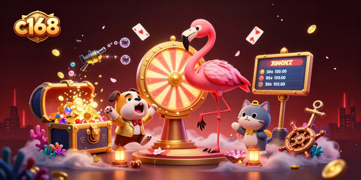 C168 players excitedly spin a prize wheel amidst vibrant casino elements, celebrating winning strategies.