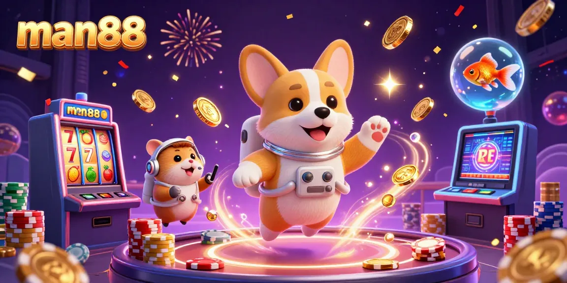 Experience thrilling gameplay with man88, featuring a floating corgi and vibrant slot machines