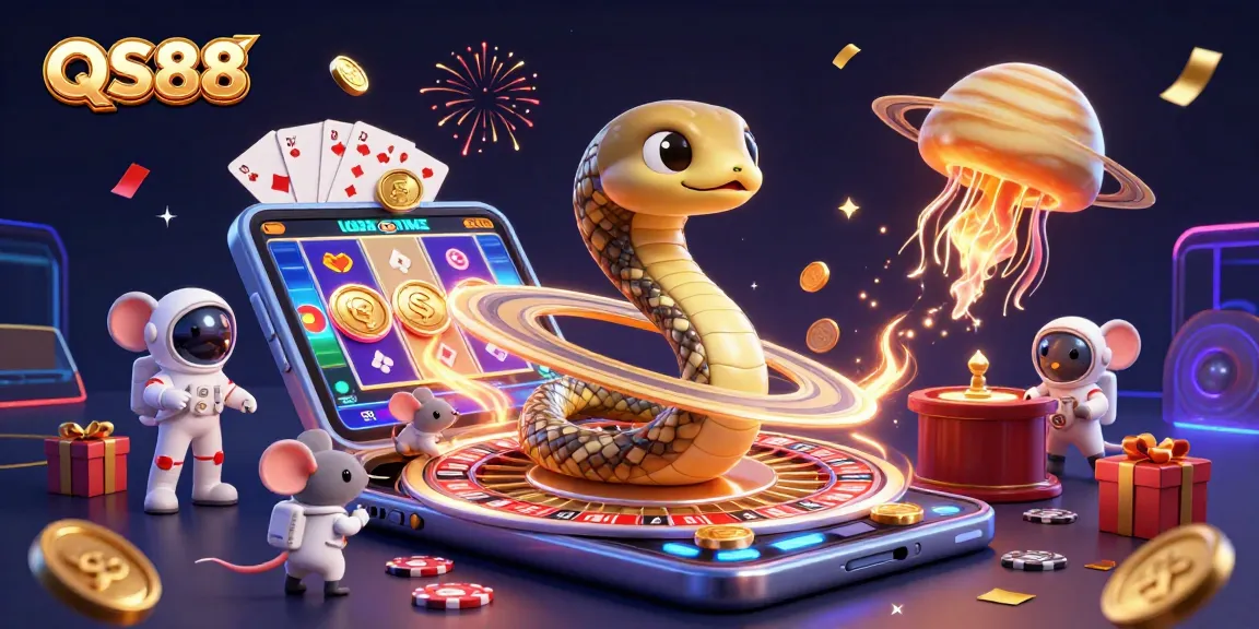 Experience gambling excitement at QS88 with 3D casino elements featuring a roulette wheel and vibrant jackpot games.