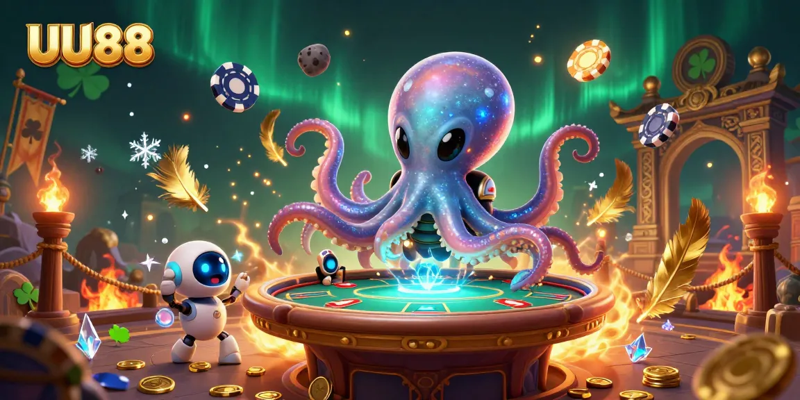 Experience the thrill of UU88 with a 3D alien octopus mastering a poker table in a cosmic casino.