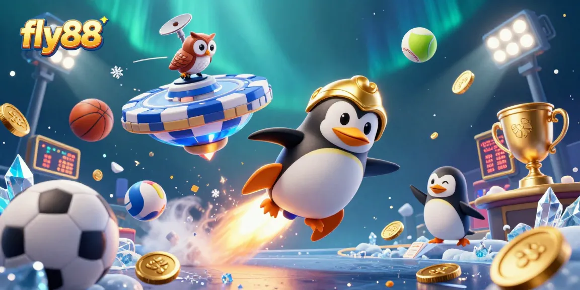 Experience the thrill of fly88 as the golden penguin blasts toward the casino space station, surrounded by vibrant gaming elements.