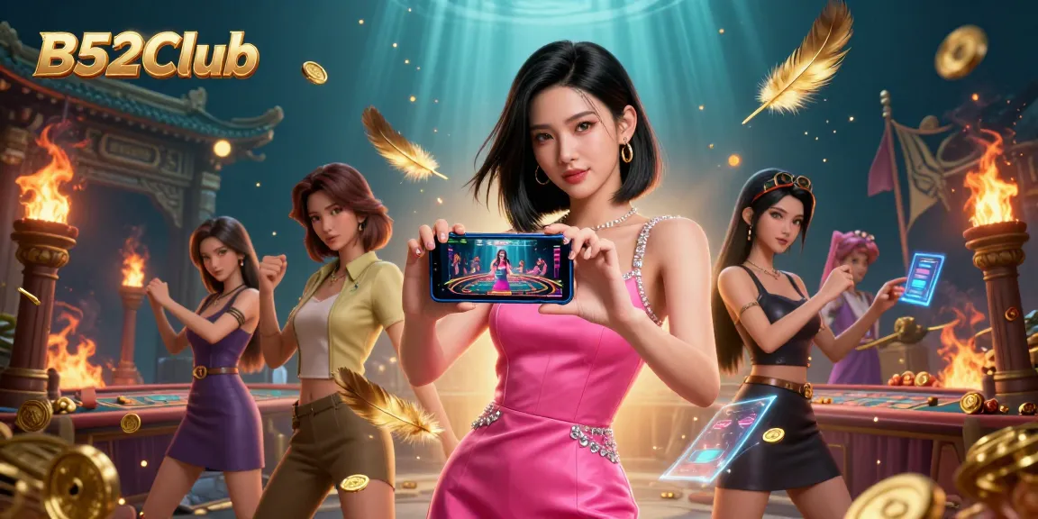 Engage with B52Club through a vibrant 3D illustration showcasing a confident gamer enjoying live dealer games amidst dynamic casino elements.