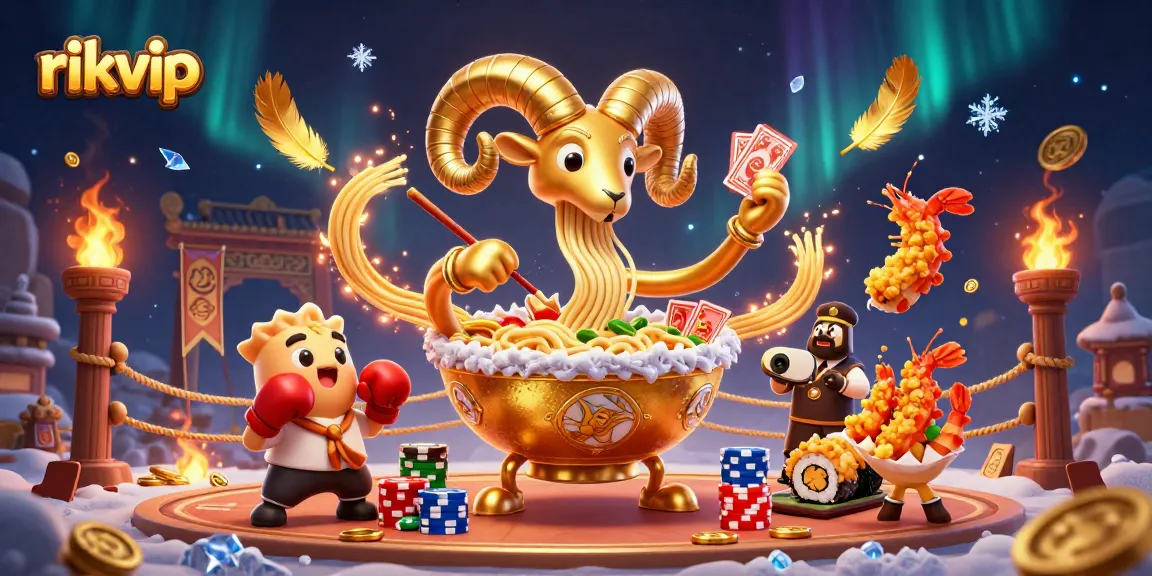 Engage in thrilling gameplay with rikvip, featuring a giant ramen bowl dealer amidst a vibrant casino atmosphere.