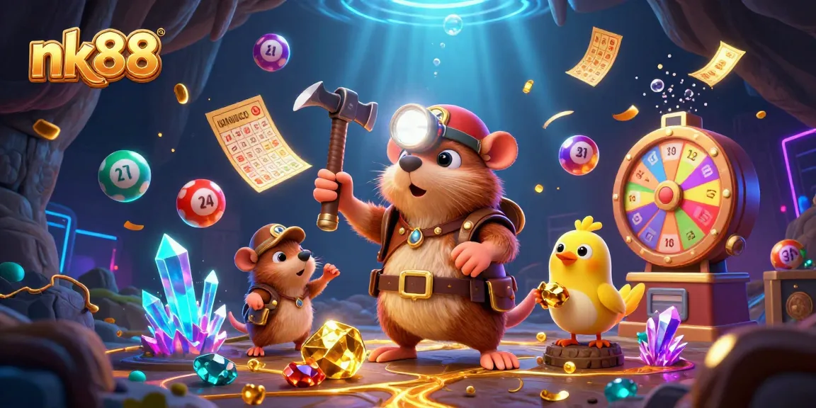 Action-packed scene highlighting nk88 with a cartoon treasure hunter and lottery elements in a vibrant casino environment.