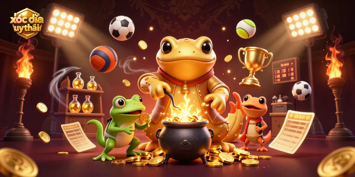 Xóc đĩa uy tín - Join the exciting online gambling experience with a vibrant illustration of gold alchemy and sports.
