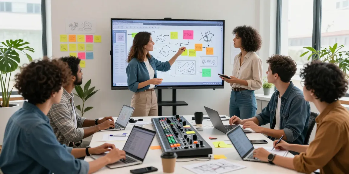 Team collaborating on a mix board in a vibrant office, showcasing creative brainstorming.