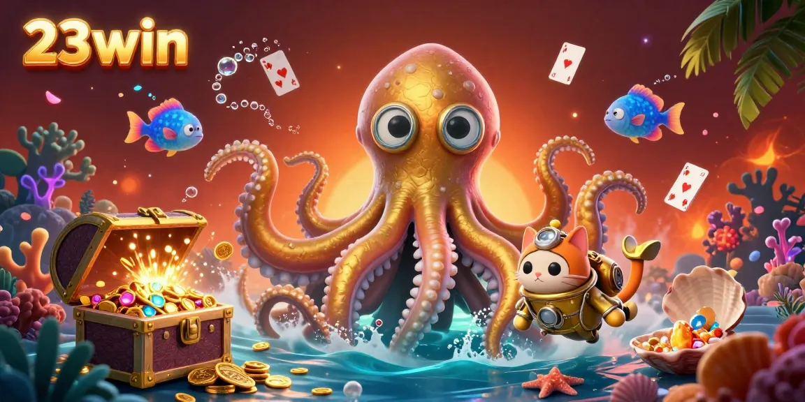 Experience thrilling gameplay with 23win as a giant kraken interacts in a dynamic casino ocean scene, showcasing treasures.