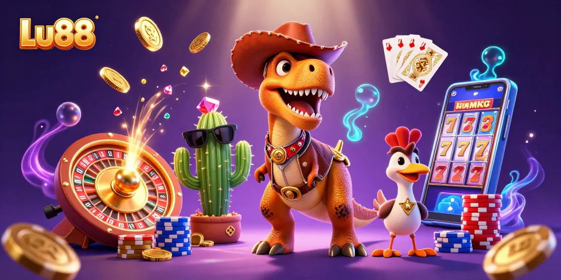 Lu88 brings excitement through vibrant slots and a 3D dinosaur scene with dazzling casino elements.