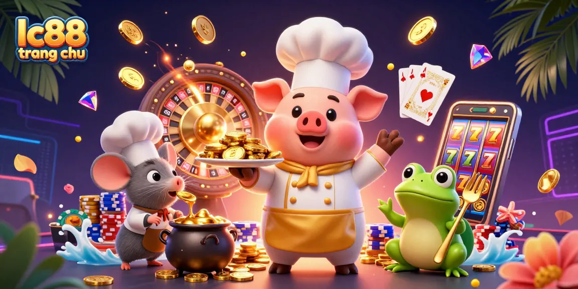 Experience exciting gaming at lc88 trang chu with a delightful chef pig, sous-chef mouse, and critic frog surrounded by gold coins.