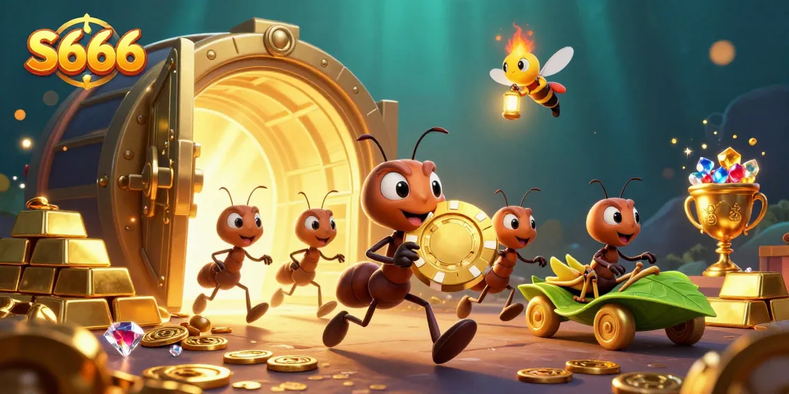 Watch S666 ants maneuvering a heist for huge gold poker chips in an exciting casino heist scene.