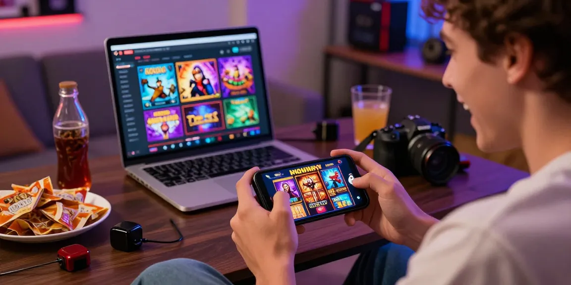 Player enjoying KO66 Casino mobile app with vibrant slots interface and cozy setup.