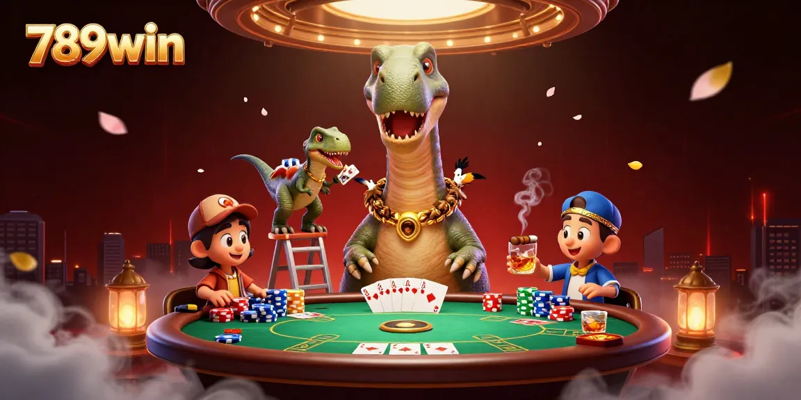 Experience thrilling poker action at 789win with a towering brontosaurus dealer and colorful chips.