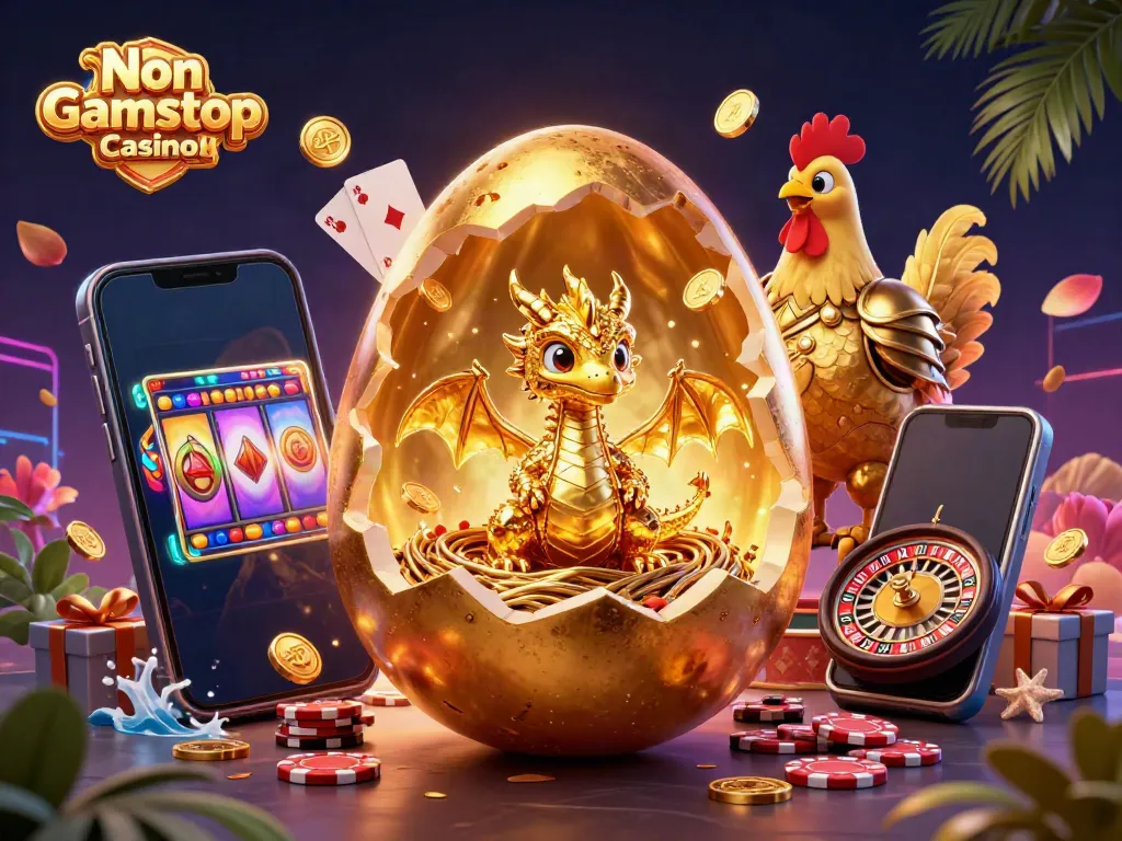 Engage in vibrant gameplay at Non Gamstop Casino UK with dazzling golden illustrations of a dragon, chips, and gaming elements.