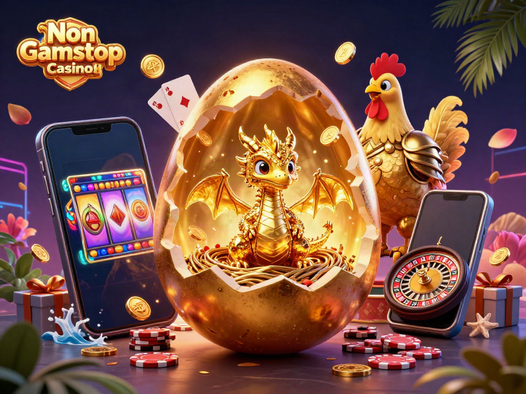 Engage in vibrant gameplay at Non Gamstop Casino UK with dazzling golden illustrations of a dragon, chips, and gaming elements.
