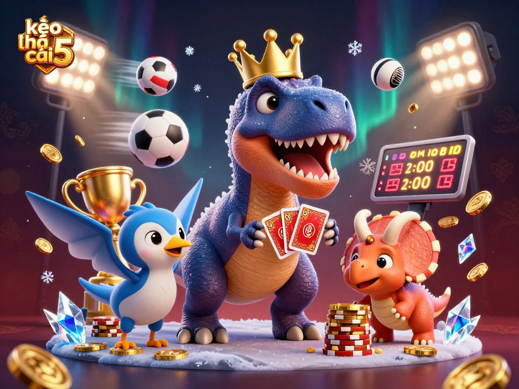 Engage in thrilling bets with kèo nhà cái 5 as a T-Rex competes among vibrant sports elements.