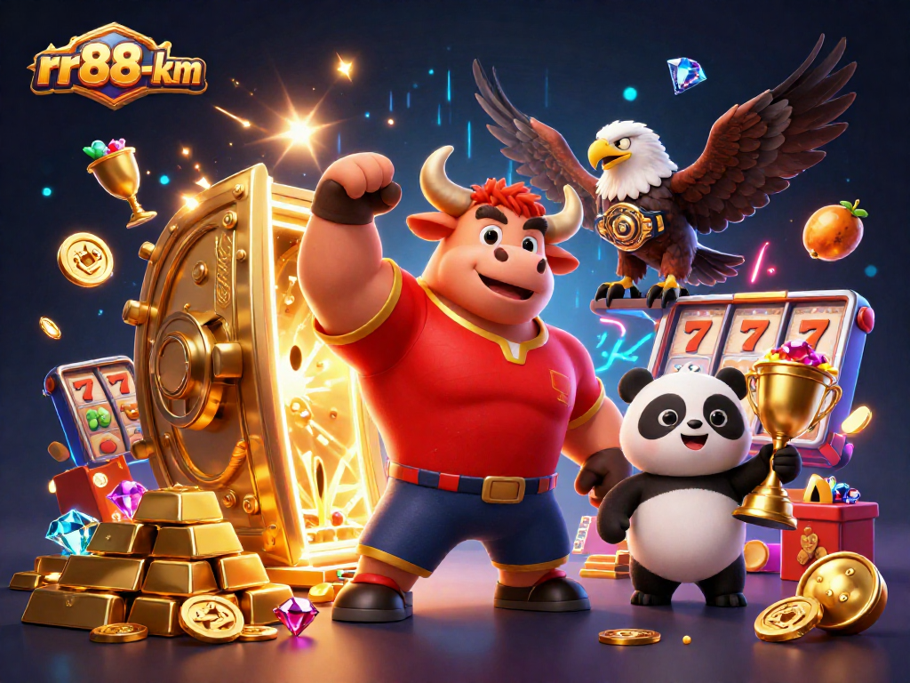 rr88-km winning big with a bull mascot, eagle, and panda in a vibrant casino scene