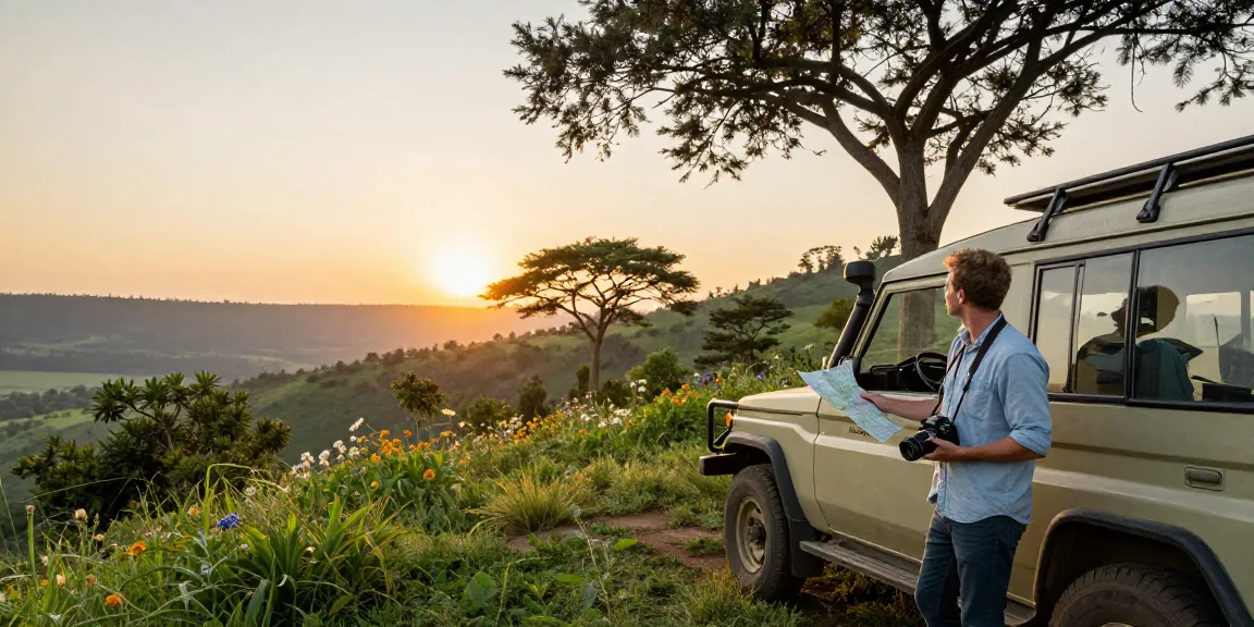 Car hire Uganda adventure scene with a traveler exploring stunning landscapes in a 4x4.