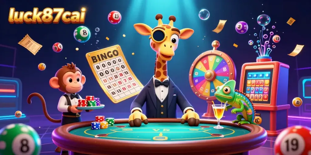 Experience excitement with luck87cai in a vivid, animated casino illustration showcasing lively characters and gaming elements.