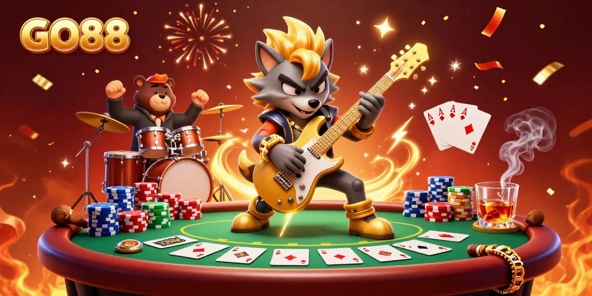 Experience thrilling casino action with GO88 featuring a vibrant rock star wolf and a dynamic bear drummer.