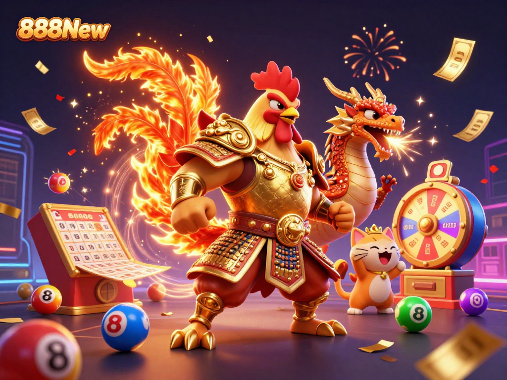 Experience the excitement of 888New casino with dynamic elements like lottery balls and vibrant characters.
