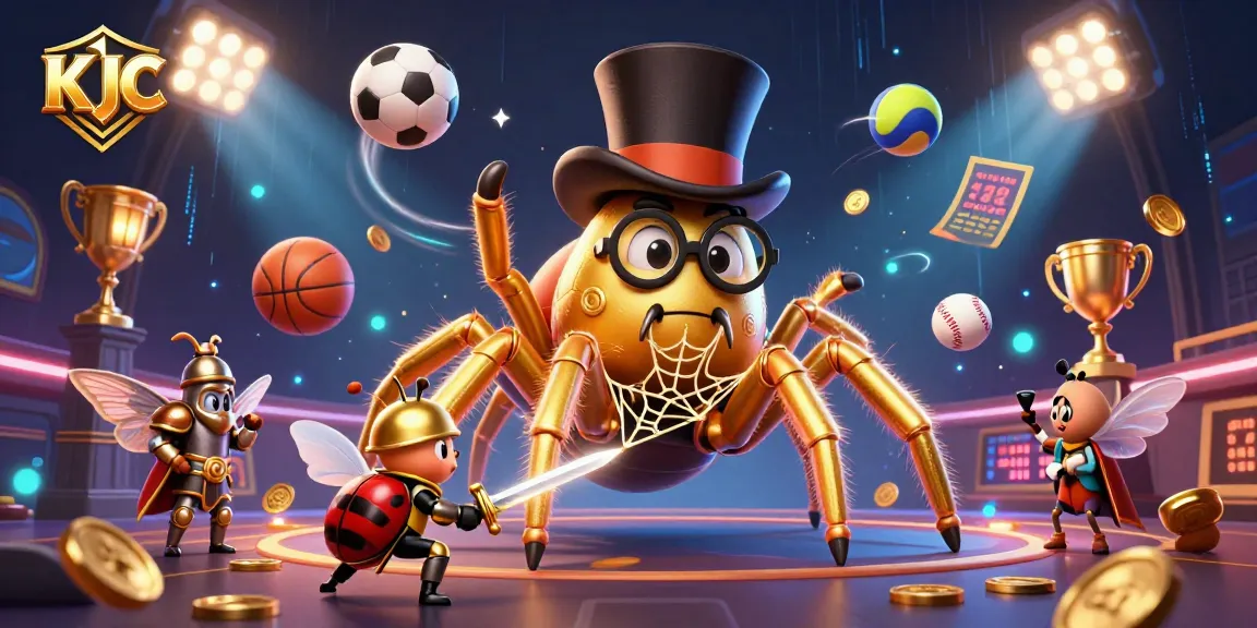 KJC advocates fun betting with a giant golden tarantula weaving a golden web in a vibrant 3D casino scene.