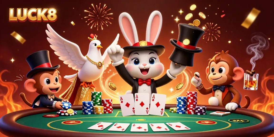 Win big at LUCK8 with a magician rabbit, chips, and cards in a vibrant casino scene.