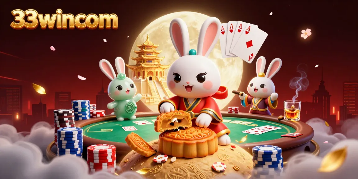 Engage with the vibrant world of 33wincom, where lunar rabbits reveal poker chips amidst a rich casino atmosphere.