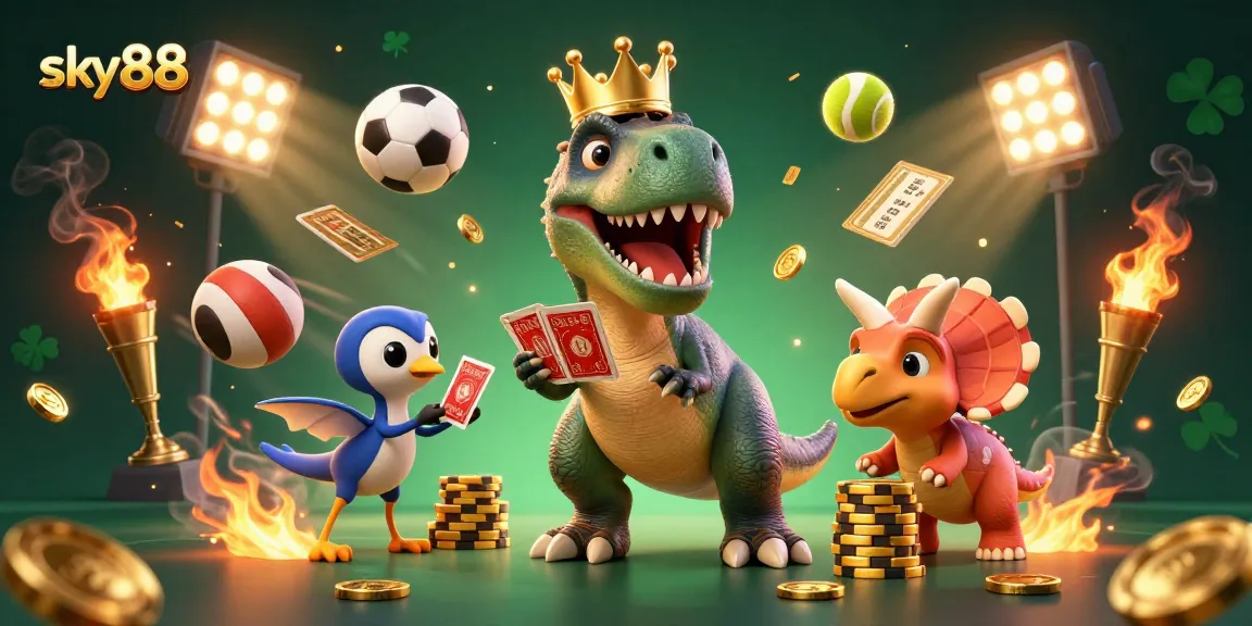 sky88 showcases a vibrant casino scene with a T-Rex shuffling cards and sports elements.
