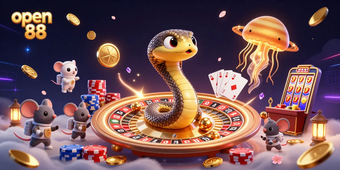Experience open 88 excitement with a cosmic dealer, astronaut mice betting in a vibrant casino scene.