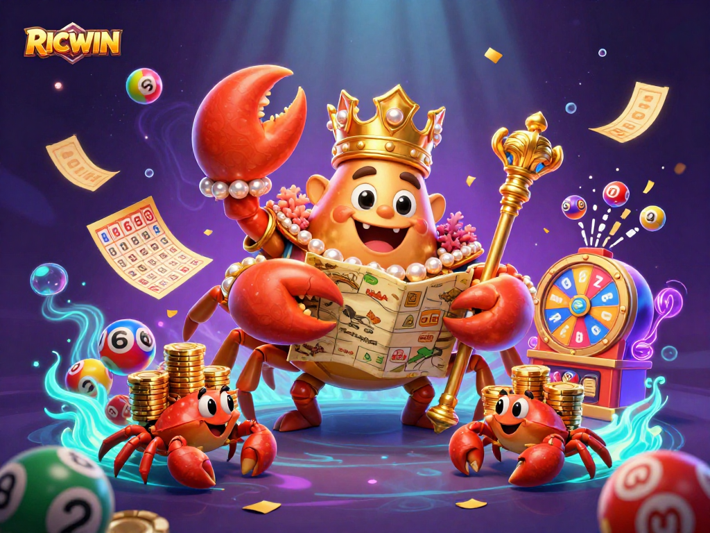 Experience the vibrant RICWIN lottery scene with a golden crab emperor and dynamic game elements.